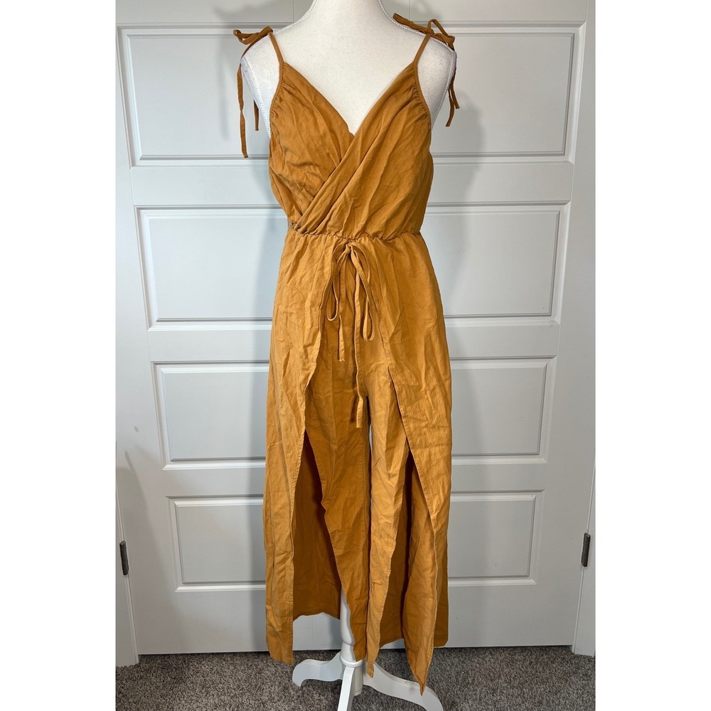 Womens Jumpsuit Small Brown Sleeveless‎ V Neck Drawstring Wide Leg Slit Casual